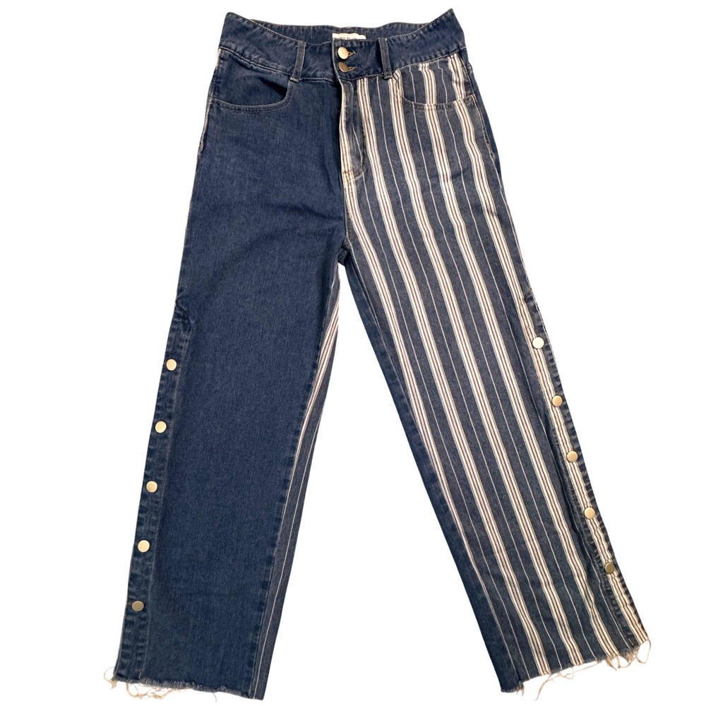 UNIQ BY‎ LITZ Womens Size Medium Patchwork Denim Striped Button Side Jeans